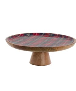 Grand Plat à Gateaux Sur Pied 30x30x10 CM Tartan Et Bois