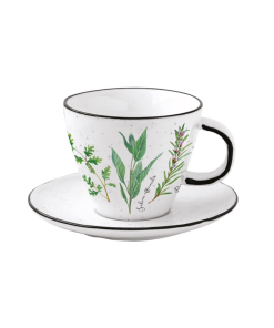 Tasse Et Sous-Tasse En Porcelaine Blanc Et Vert 25 CL Collection Botanique